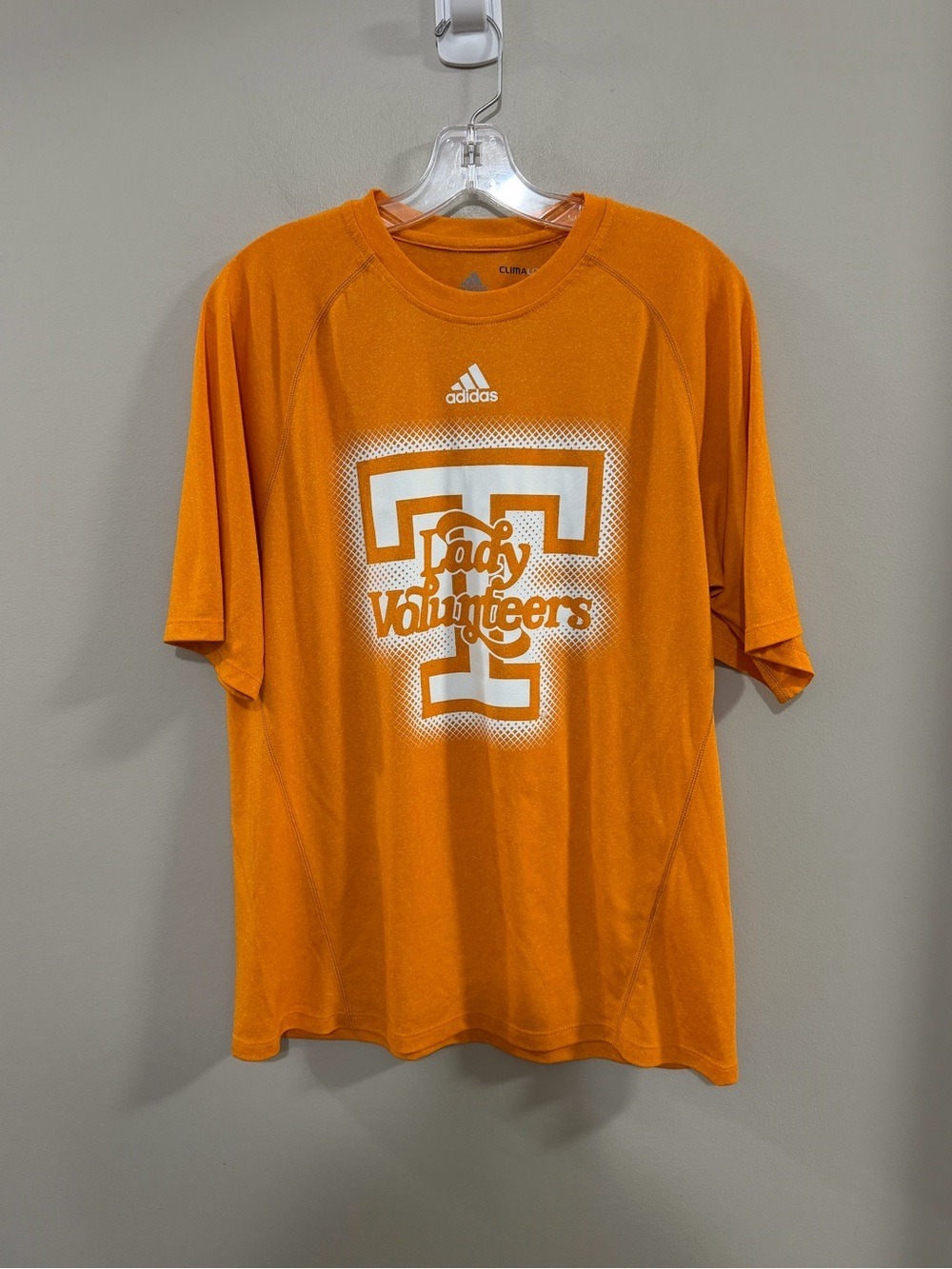 adidas Orange Lady Volunteers Tee with Front Logo and Rocky Top on Sleeve.